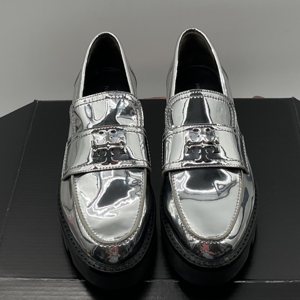 Tory Burch Metallic Silver Lug Sole Loafers Double T Logo Platform Shoes 6M